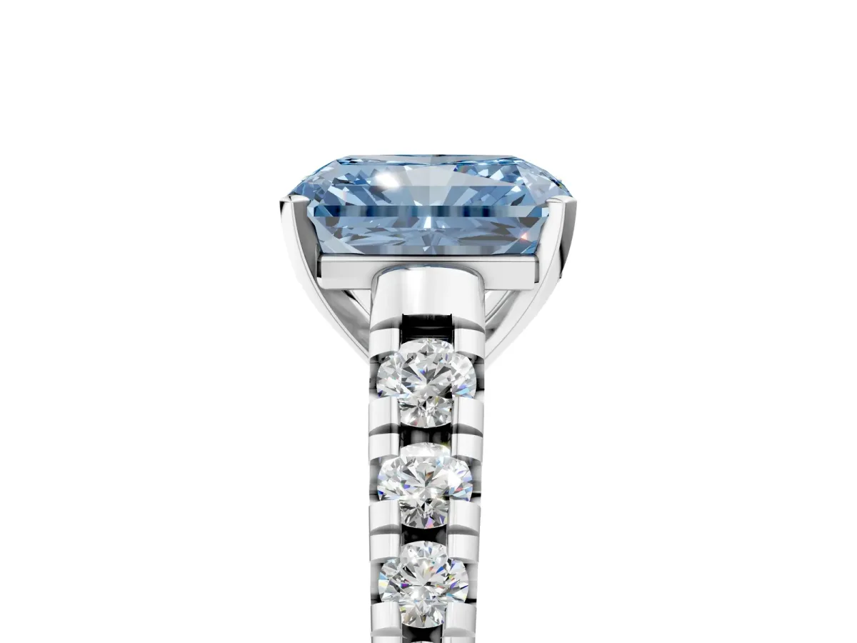 Fancy Blue Radiant Cut Diamond Cathedral Solitaire Ring with Round Pavé Band Silver