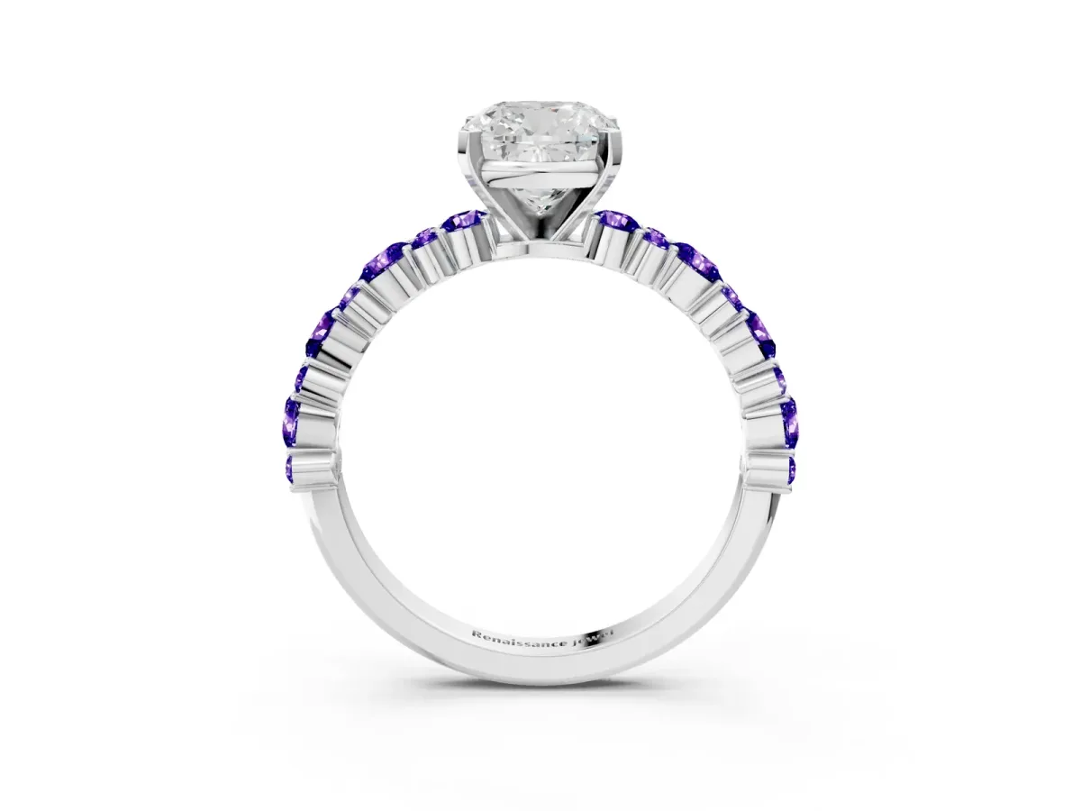 Cushion Cut Diamond Side Stone Solitaire Ring with Round Tanzanite and Four-Prong Setting White gold