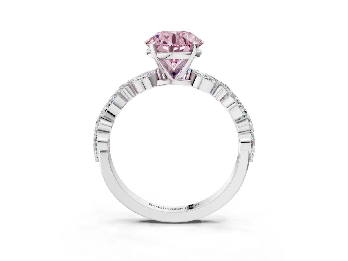 Fancy Pink Round Cut Diamond Ring with Marquise and Round Side Stones and Four-Prong Setting Platinum