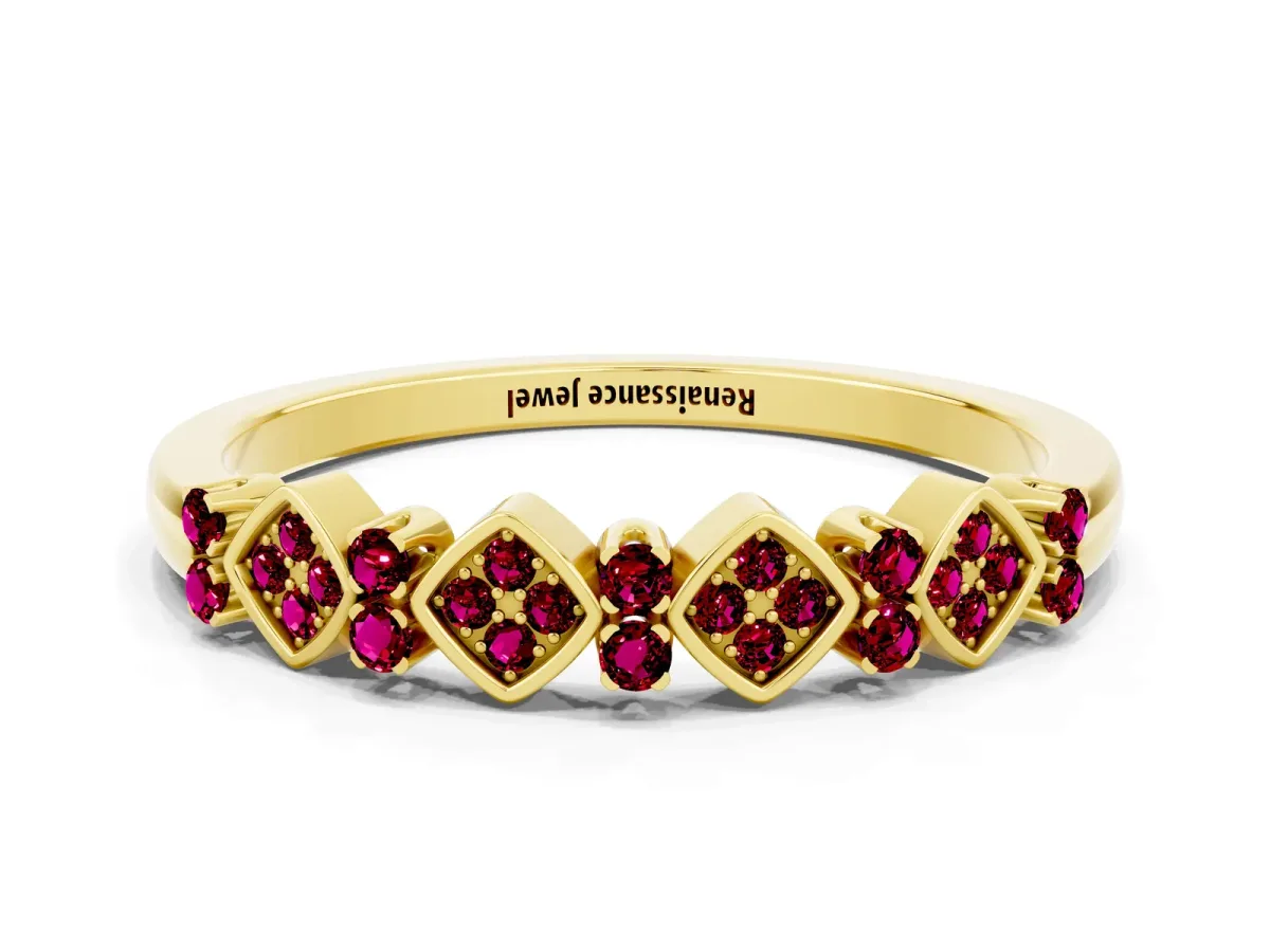 Pavé Cushion Garnet Cluster Eternity Band with Prong Setting Yellow gold