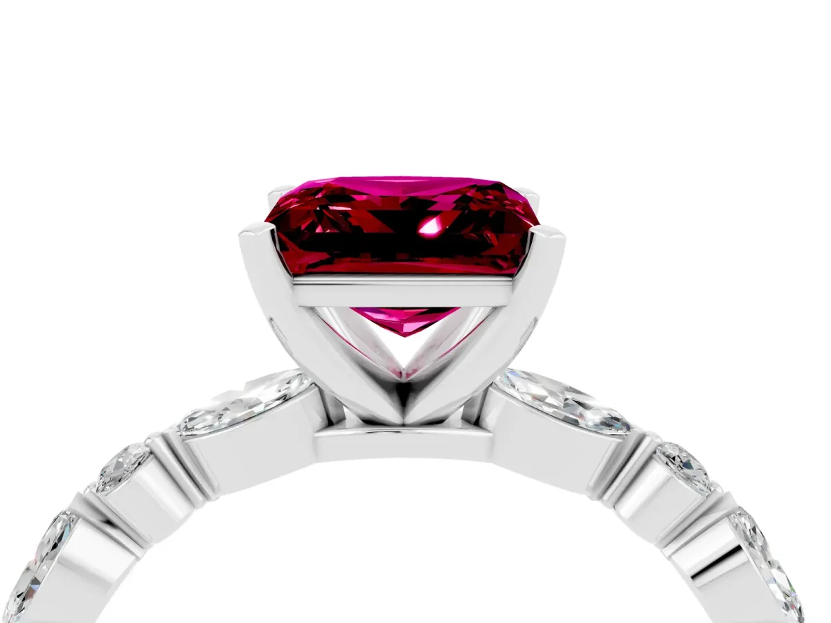 Princess Cut Garnet Ring with Marquise and Round Side Stones and Four-Prong Setting Silver