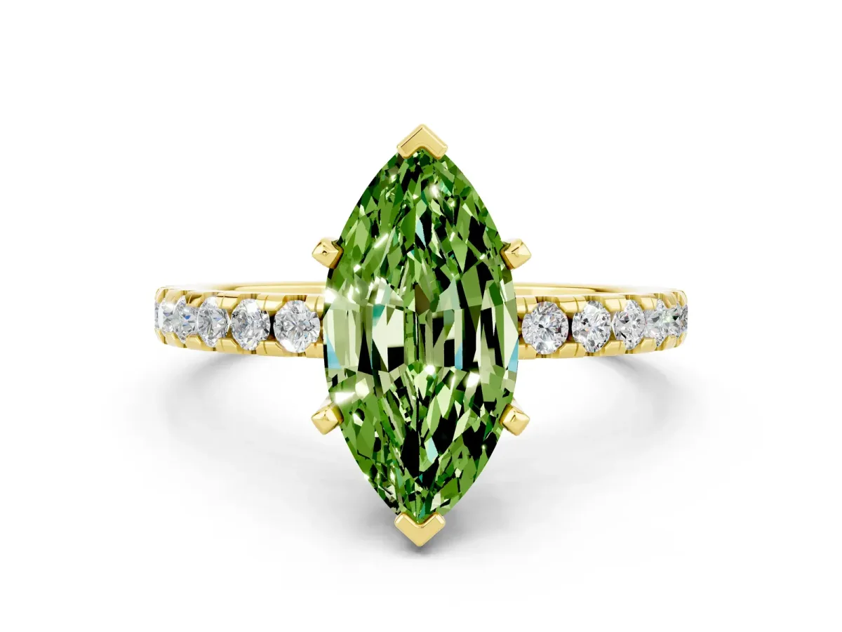 Marquise Cut Peridot Solitaire Ring with Round Pavé Band and Four-Prong Setting Yellow gold
