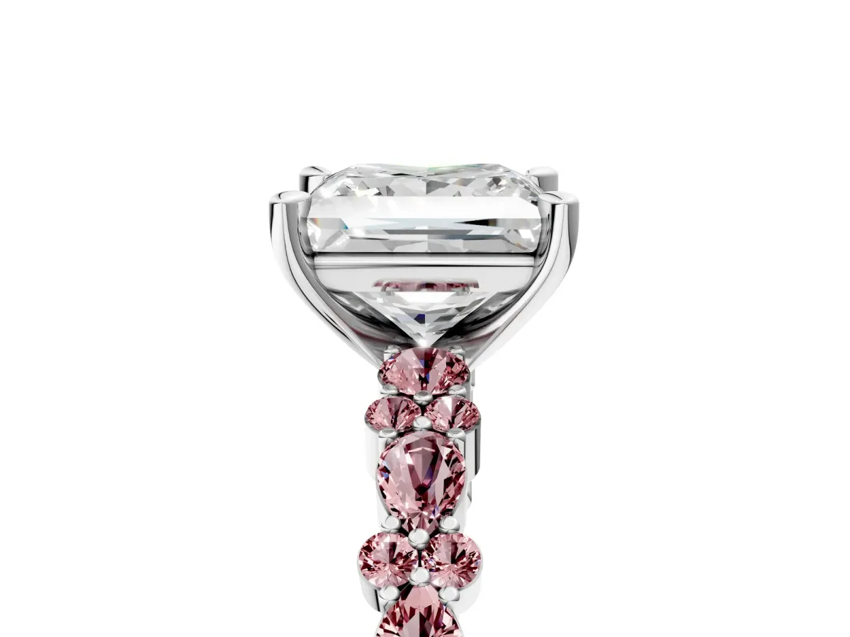 Princess Cut Diamond Side Stone Solitaire Ring with Round Morganite and Four-Prong Setting Platinum