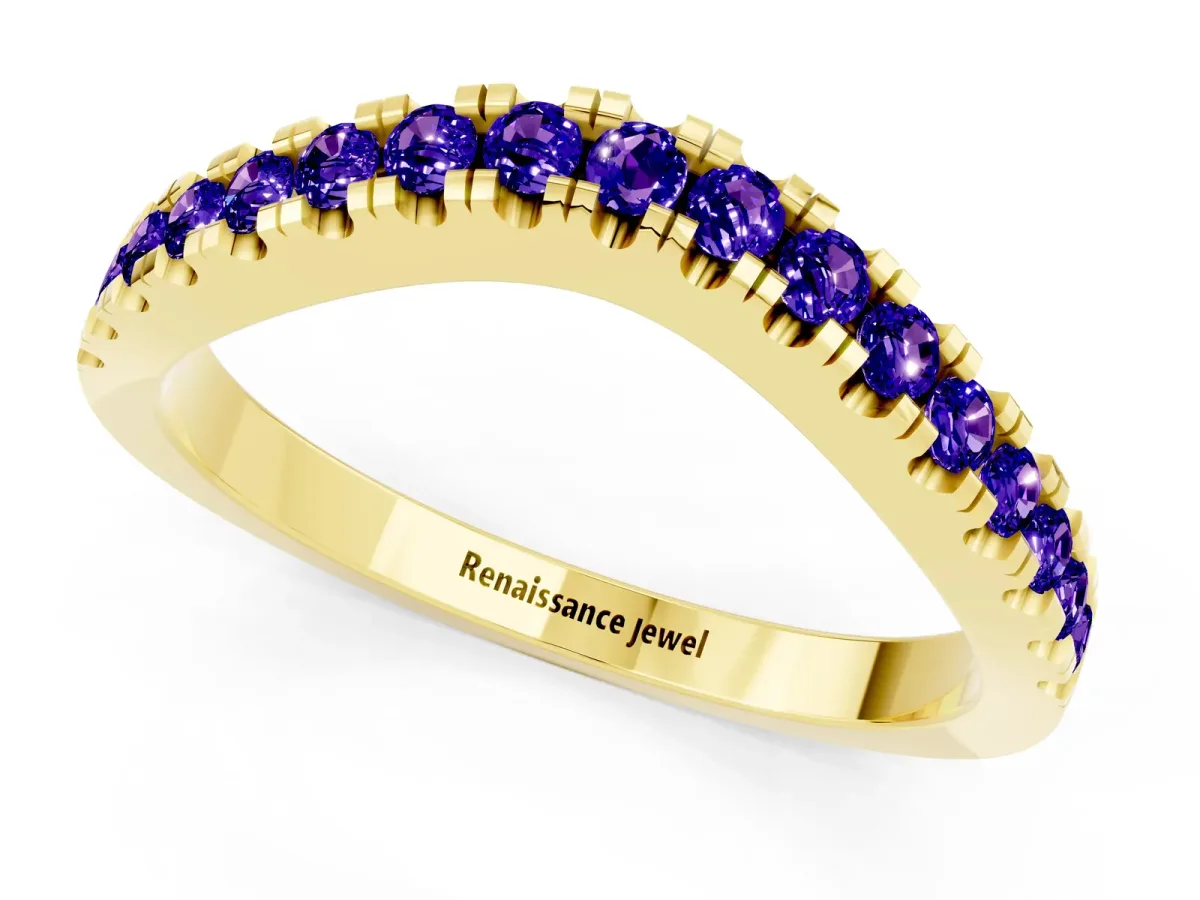 Round Tanzanite Pavé Curved Band with Shared Prong Setting Yellow gold