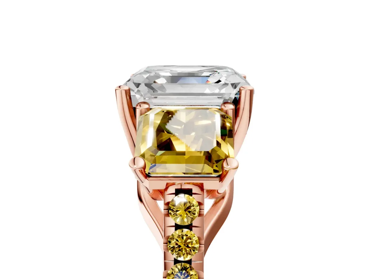 Three-Stone Asscher Cut Diamond Ring with Round Yellow Sapphire Pavé Band and Prong Setting Rose gold