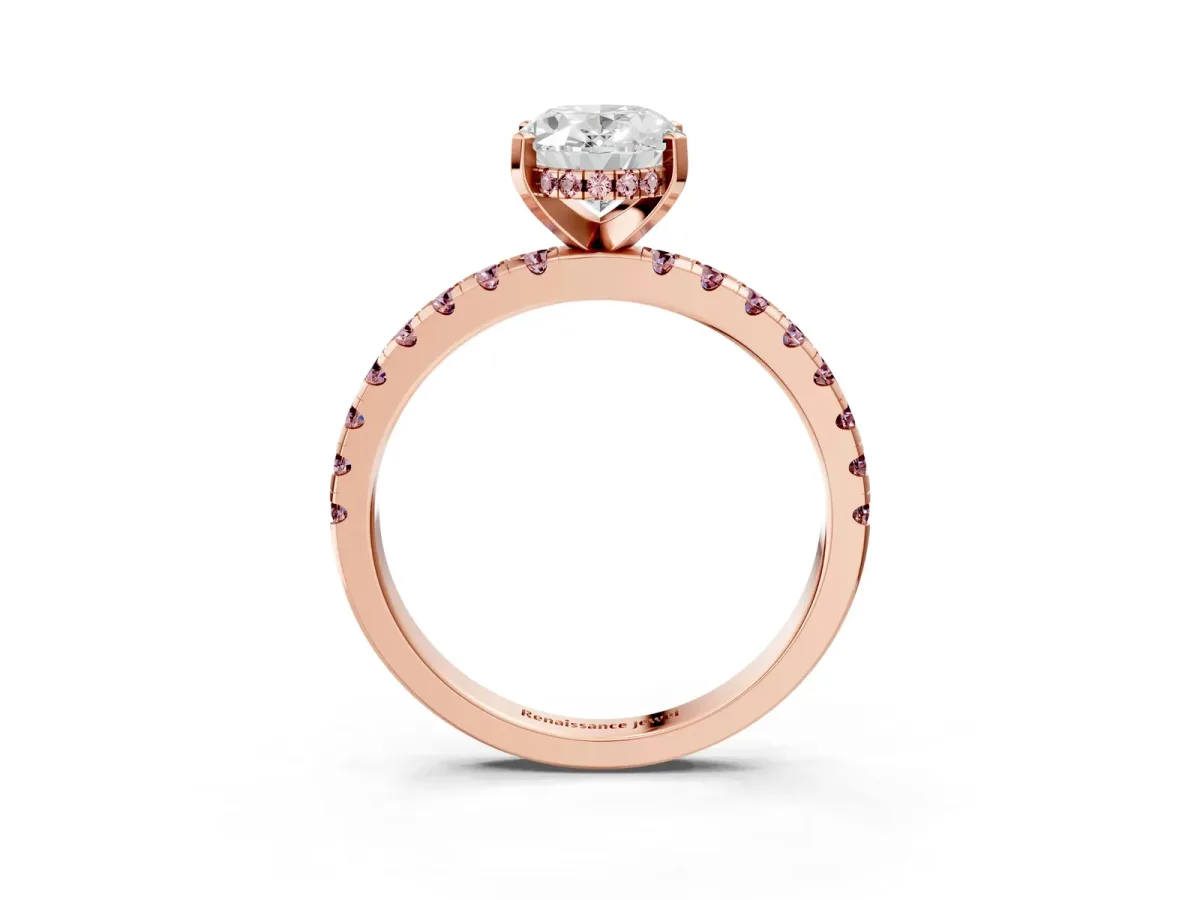 Oval Cut Diamond Solitaire Ring with Round Morganite Pavé Band and Four-Prong Setting Rose gold