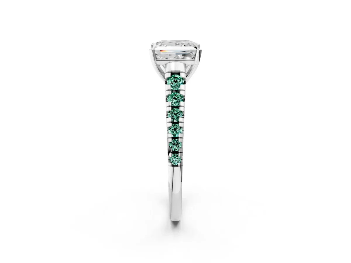 Princess Cut Diamond Cathedral Solitaire Ring with Round Green Sapphire Pavé Band Silver