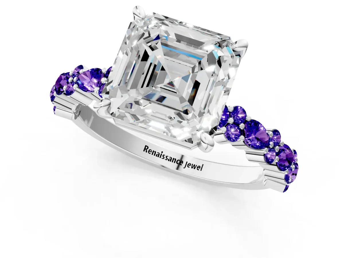 Asscher Cut Diamond Side Stone Solitaire Ring with Round Tanzanite and Four-Prong Setting Platinum