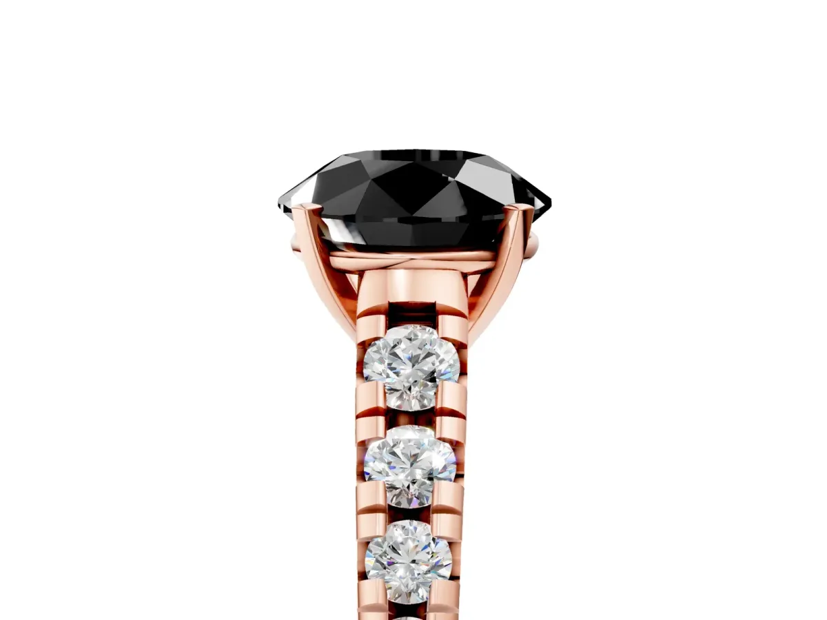 Fancy Black Round Cut Diamond Cathedral Solitaire Ring with Round Pavé Band Rose gold