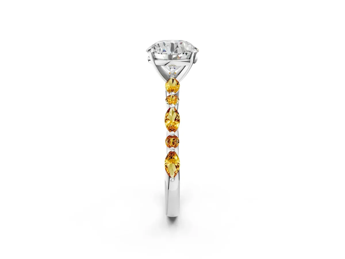 Round Cut Diamond Ring with Marquise and Round Citrine Side Stones and Four-Prong Setting Platinum
