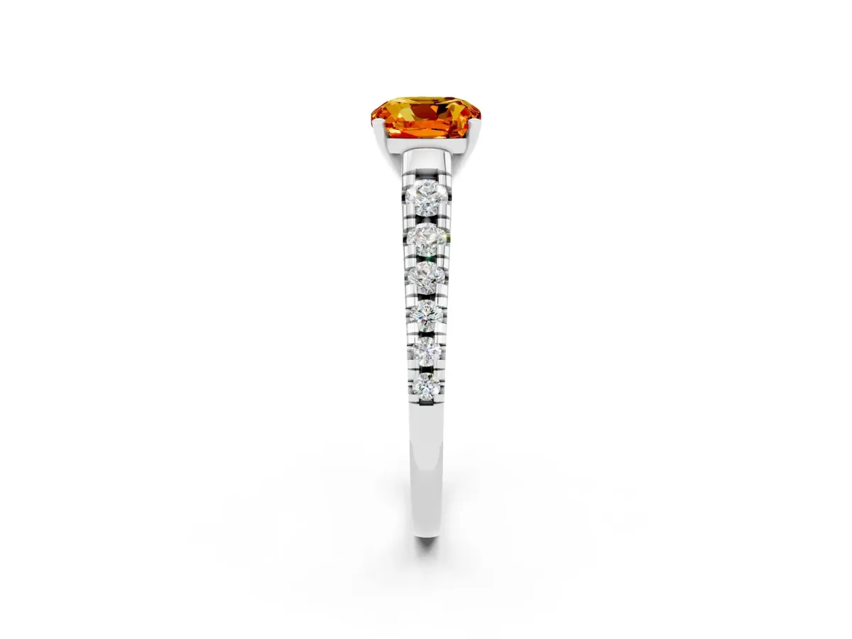 Cushion Cut Citrine Cathedral Solitaire Ring with Round Pavé Band Platinum