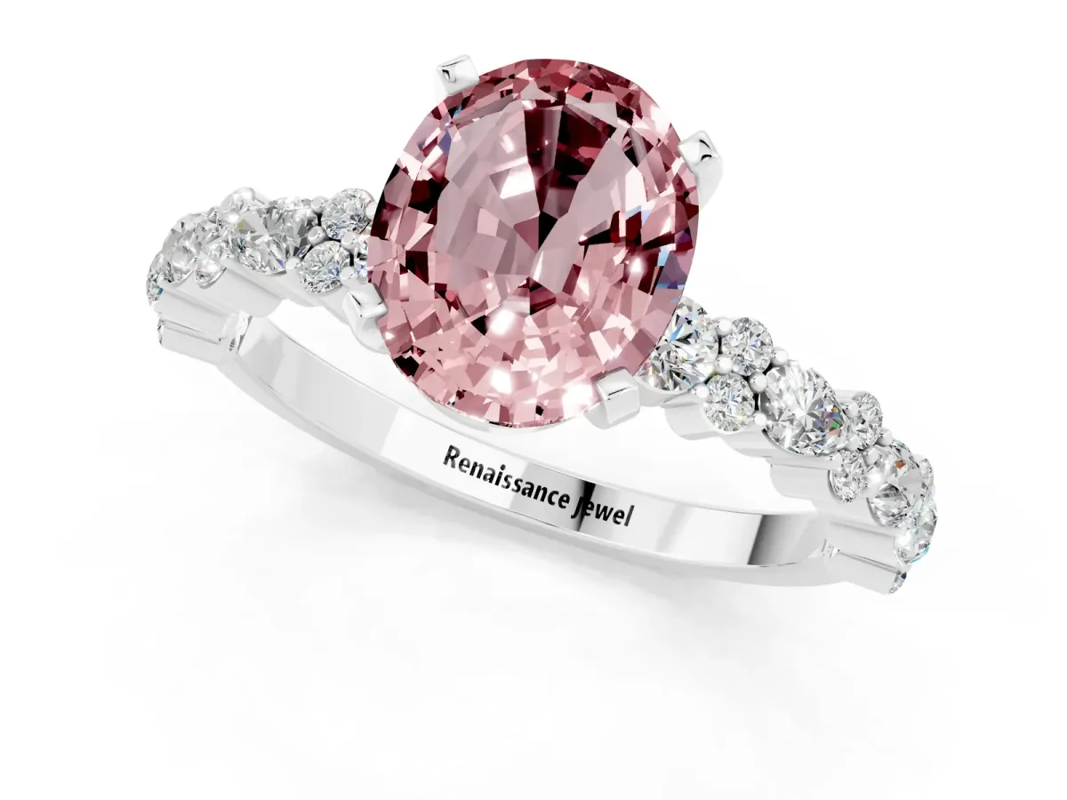 Oval Cut Morganite Side Stone Solitaire Ring with Round and Four-Prong Setting Silver