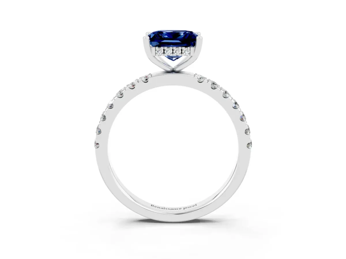 Princess Cut Blue Sapphire Pave Band Solitaire Ring with Round and Prong Setting Platinum