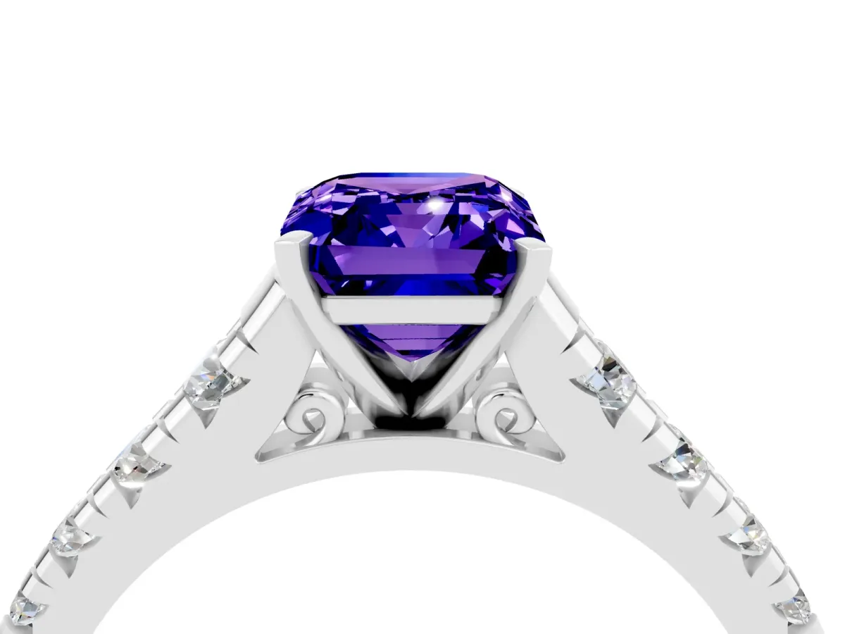 Emerald Cut Tanzanite Cathedral Solitaire Ring with Round Pavé Band Silver