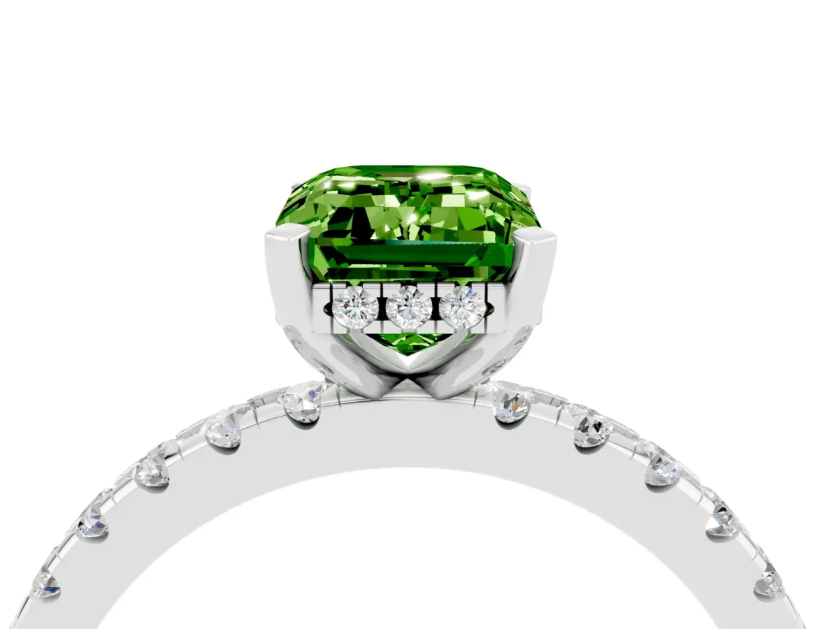 Emerald Cut Peridot Solitaire Ring with Round Pavé Band and Four-Prong Setting Platinum