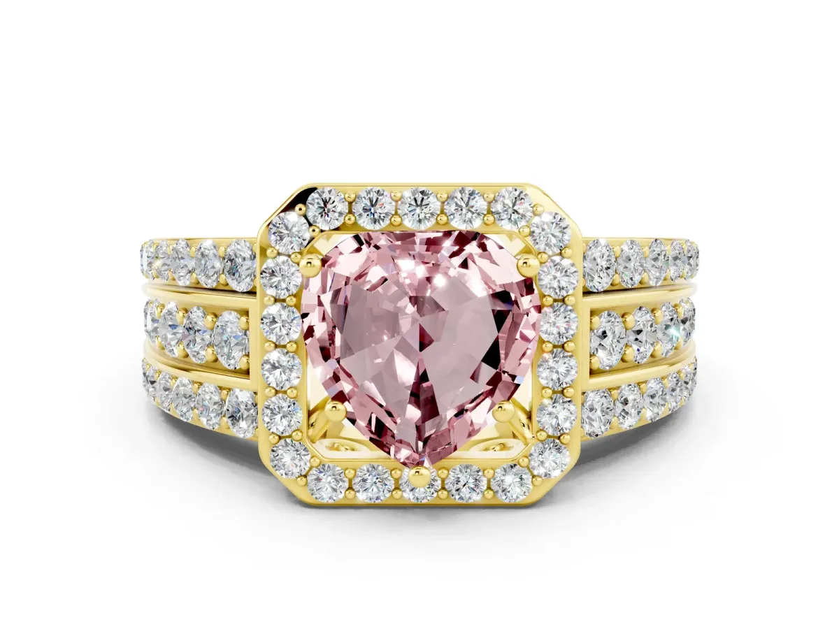 Heart Cut Halo Morganite Ring with Round Split Shank and Prong Setting Yellow gold