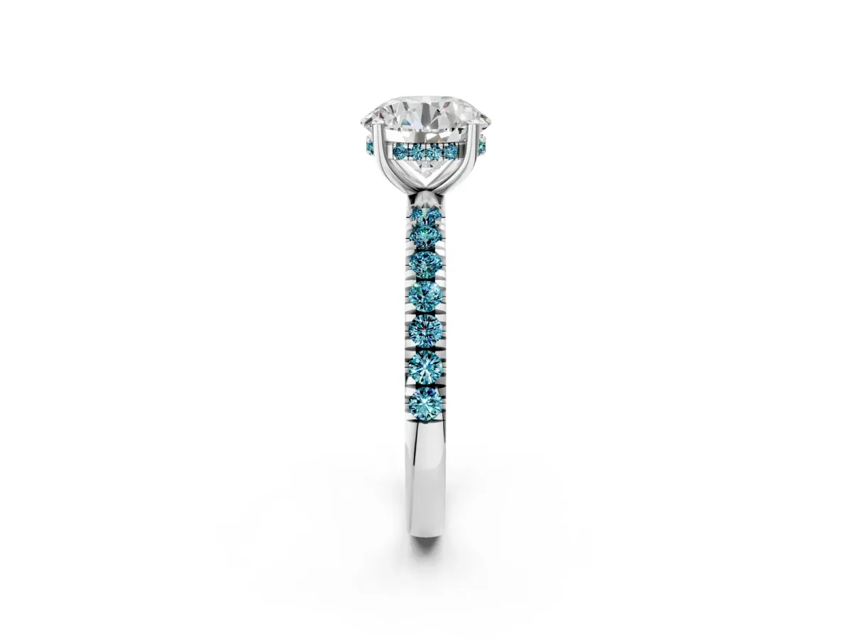 Round Cut Diamond Pave Band Solitaire Ring with Round Blue Topaz and Prong Setting Platinum