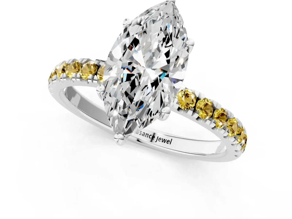 Marquise Cut Diamond Pave Band Solitaire Ring with Round Yellow Sapphire and Prong Setting Silver