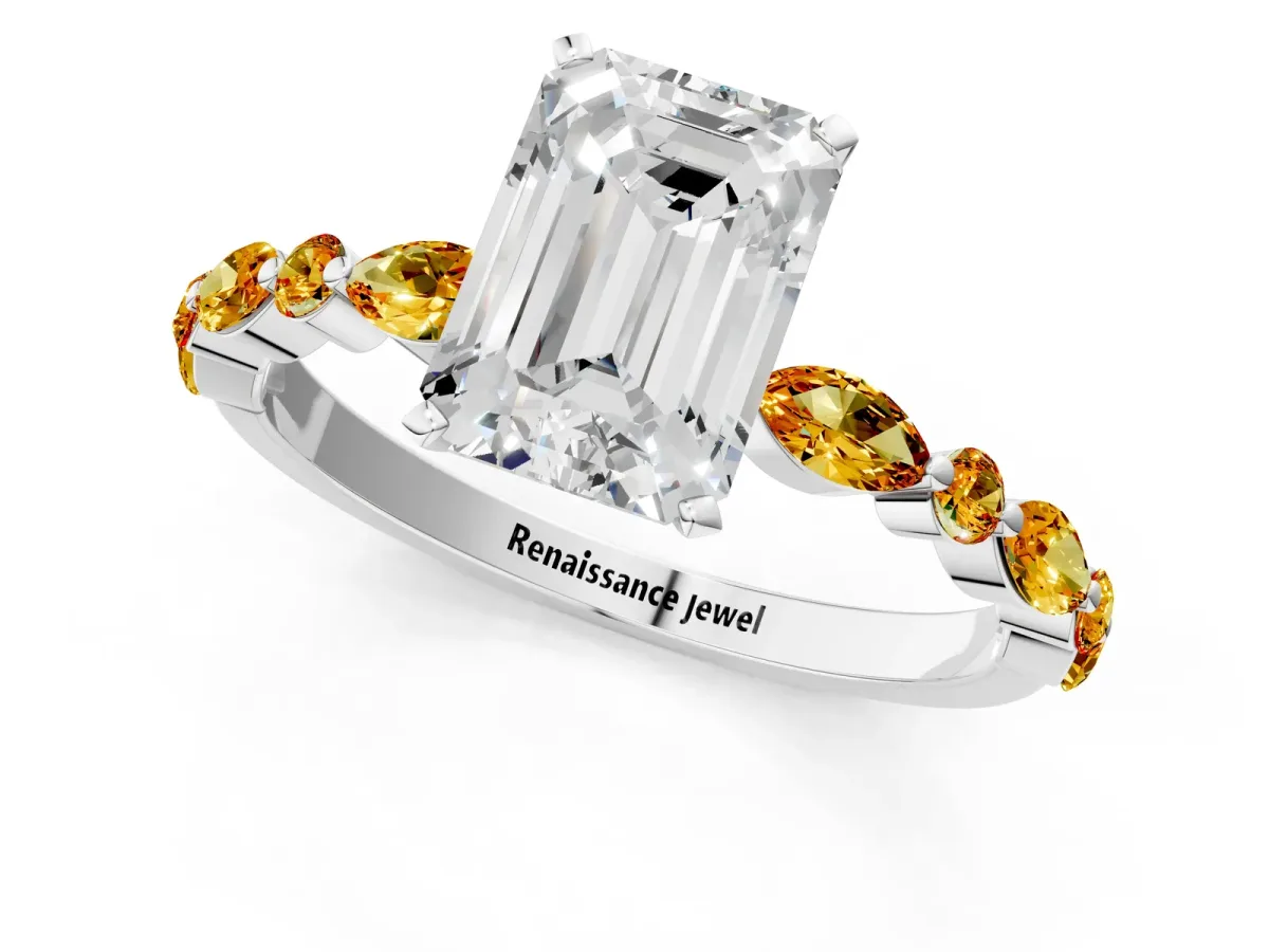 Emerald Cut Diamond Ring with Marquise and Round Citrine Side Stones and Four-Prong Setting Platinum