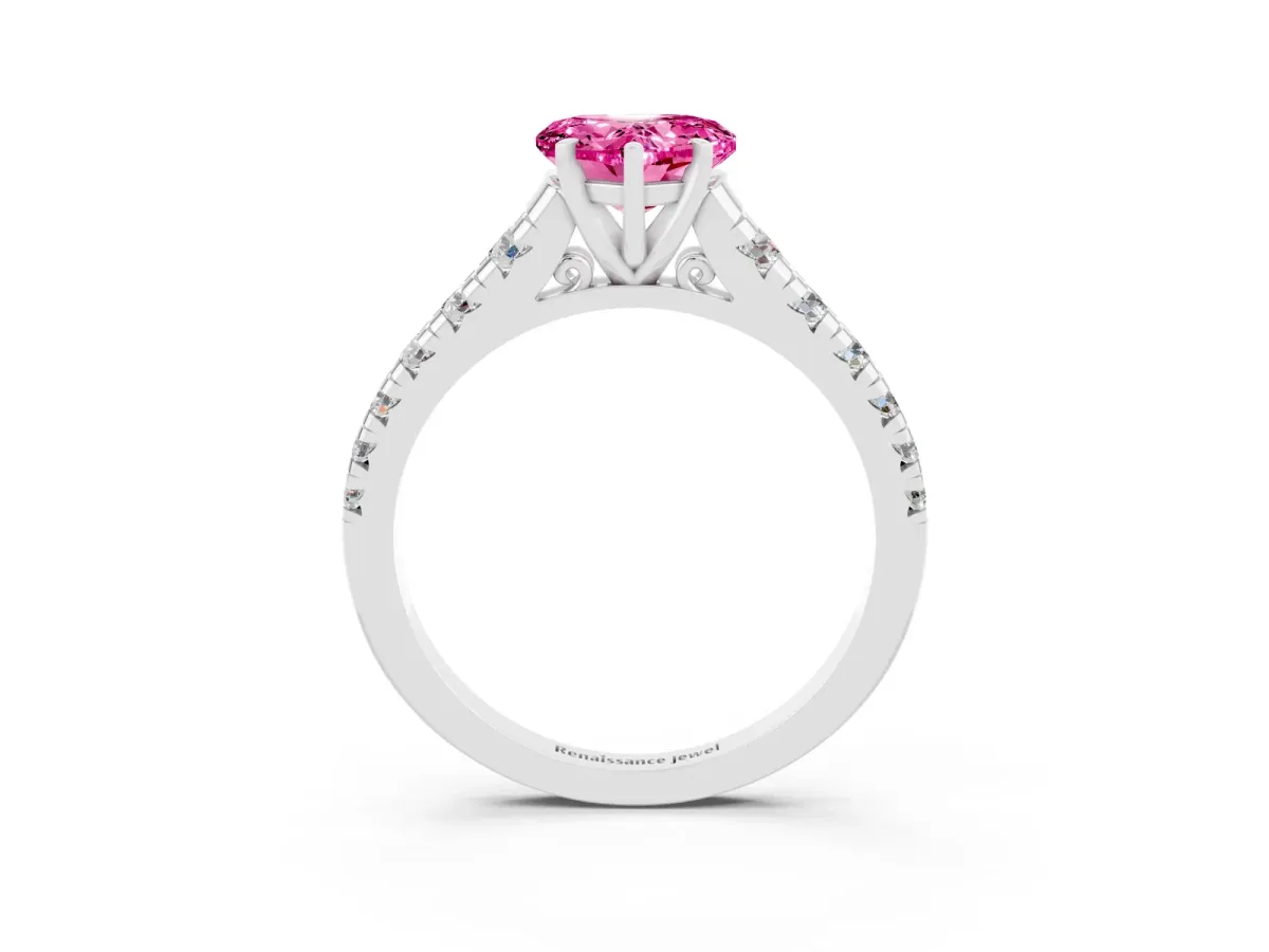 Heart Cut Pink Sapphire Cathedral Solitaire Ring with Round Pavé Band Silver