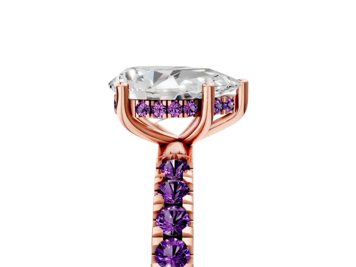 Pear Cut Diamond Pave Band Solitaire Ring with Round Amethyst and Prong Setting Rose gold