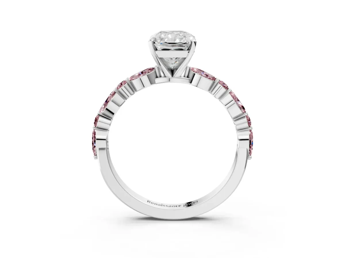 Radiant Cut Diamond Ring with Marquise and Round Morganite Side Stones and Four-Prong Setting Silver