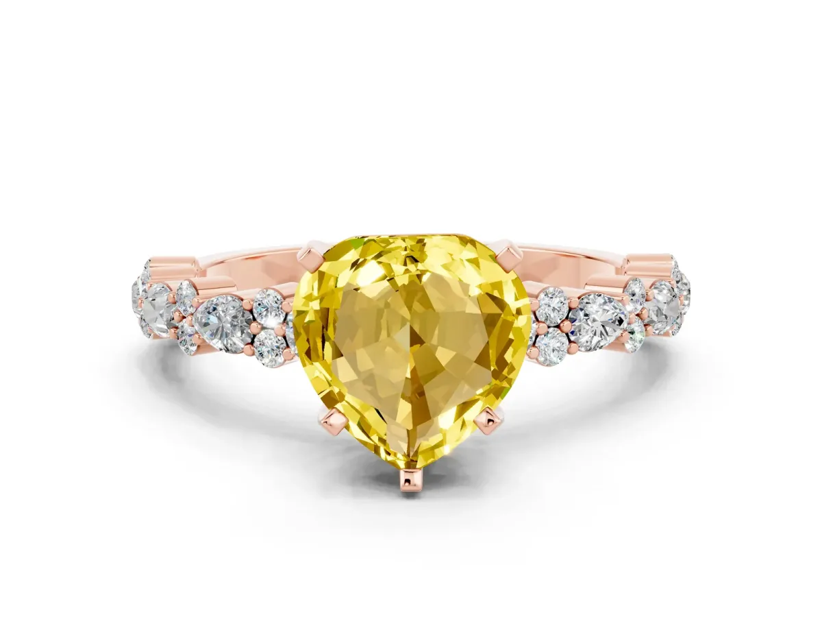 Heart Cut Yellow Sapphire Side Stone Solitaire Ring with Round and Four-Prong Setting Rose gold
