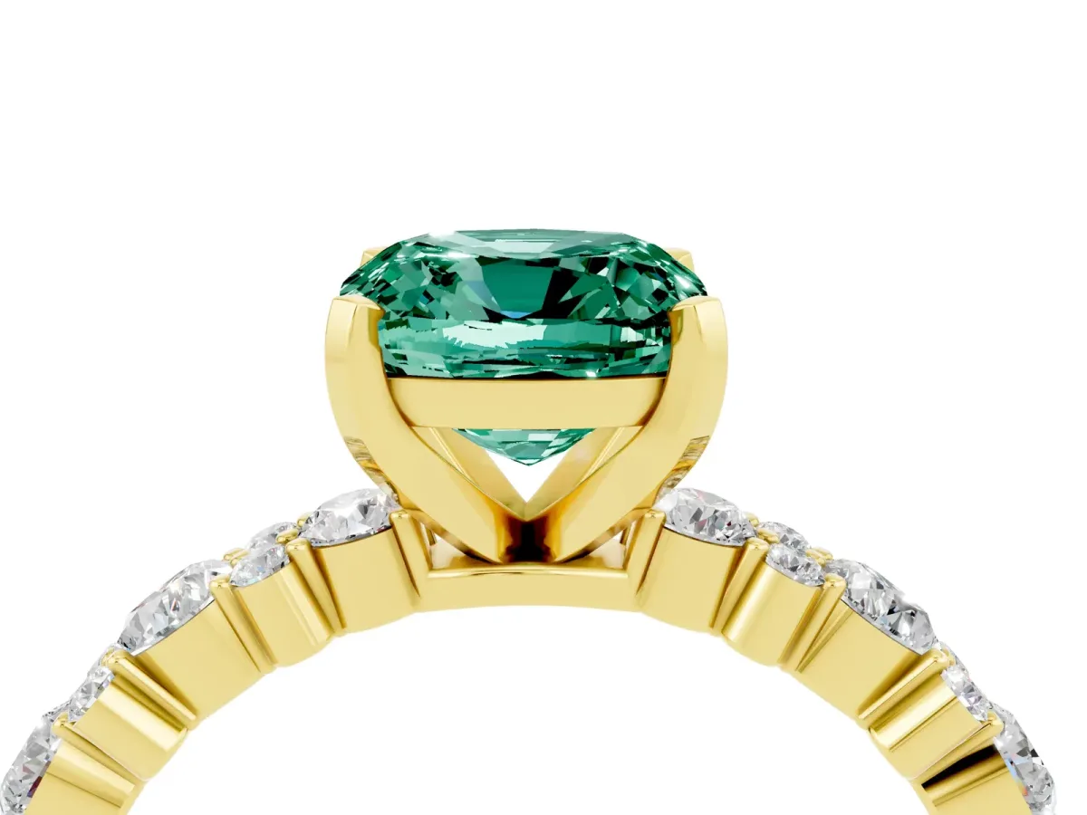Cushion Cut Green Sapphire Side Stone Solitaire Ring with Round and Four-Prong Setting Yellow gold
