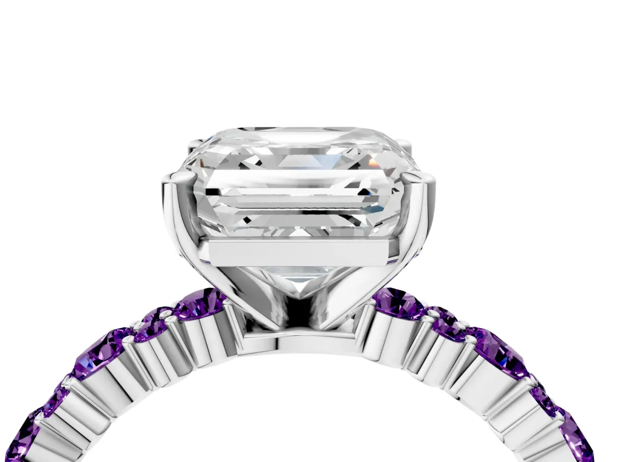 Asscher Cut Diamond Side Stone Solitaire Ring with Round Amethyst and Four-Prong Setting Silver