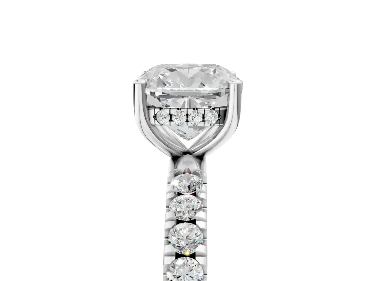 Cushion Cut Diamond Pave Band Solitaire Ring with Round and Prong Setting White gold