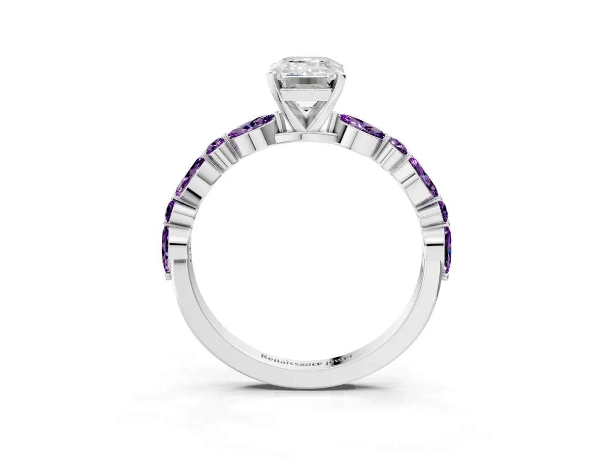 Emerald Cut Diamond Ring with Marquise and Round Amethyst Side Stones and Four-Prong Setting Silver