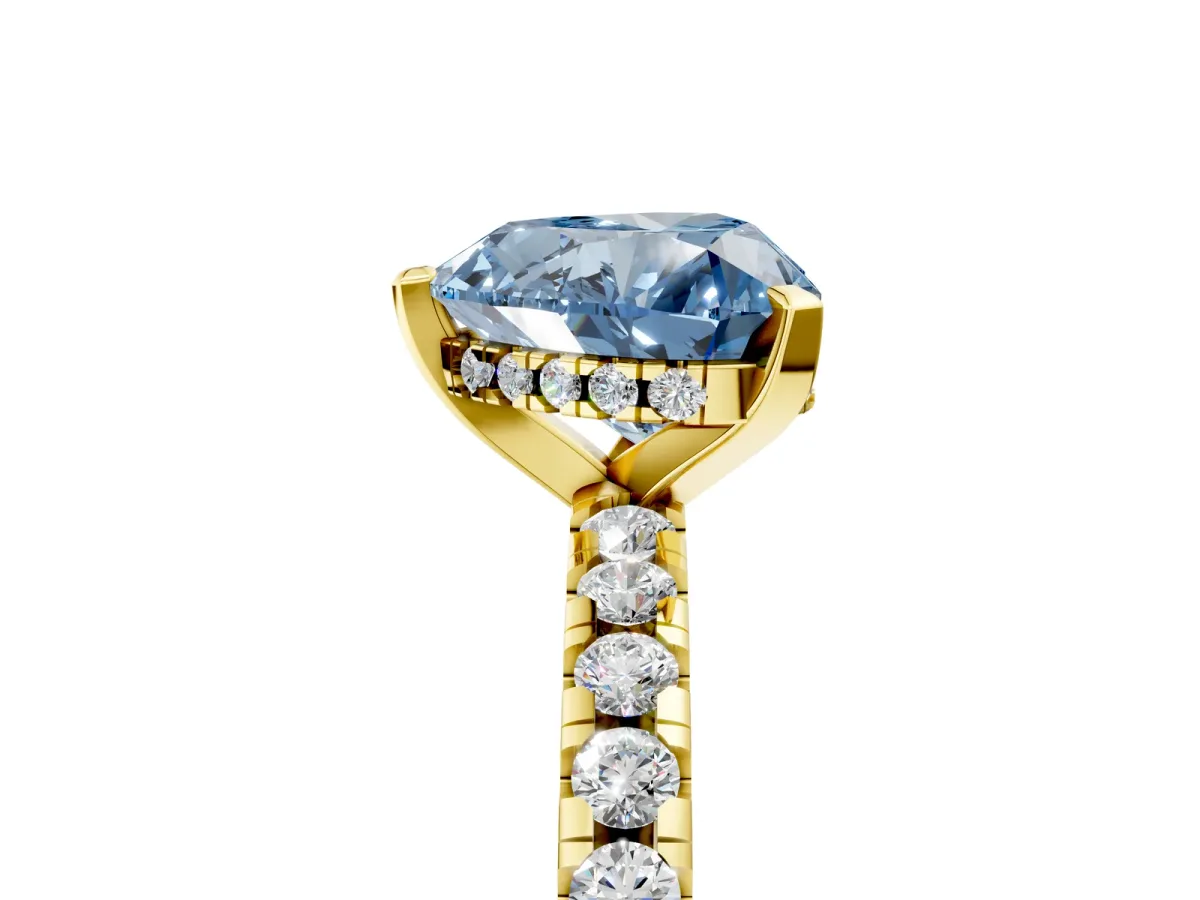 Fancy Blue Heart Cut Diamond Solitaire Ring with Round Pavé Band and Four-Prong Setting Yellow gold