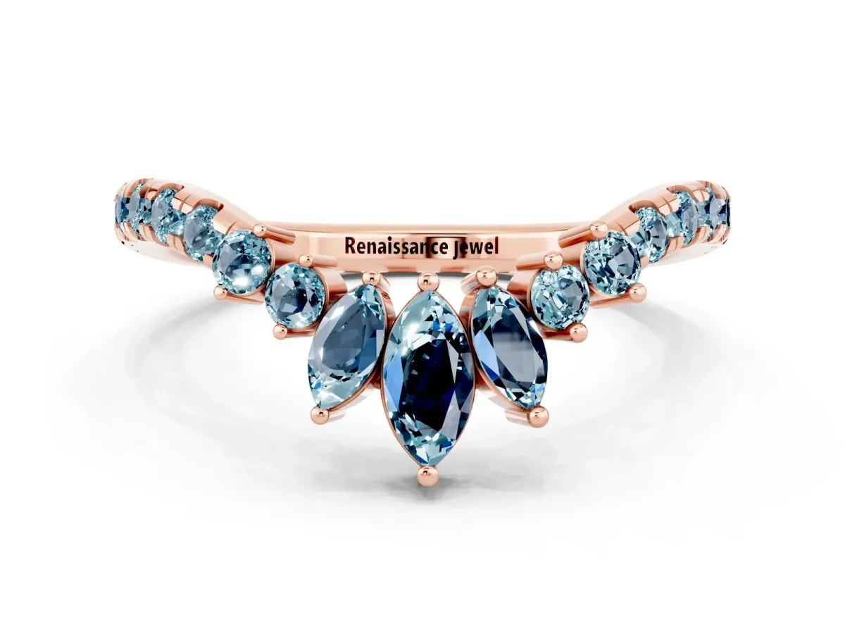 Chevron Marquise and Round Aquamarine Open Band with Prong Setting Rose gold