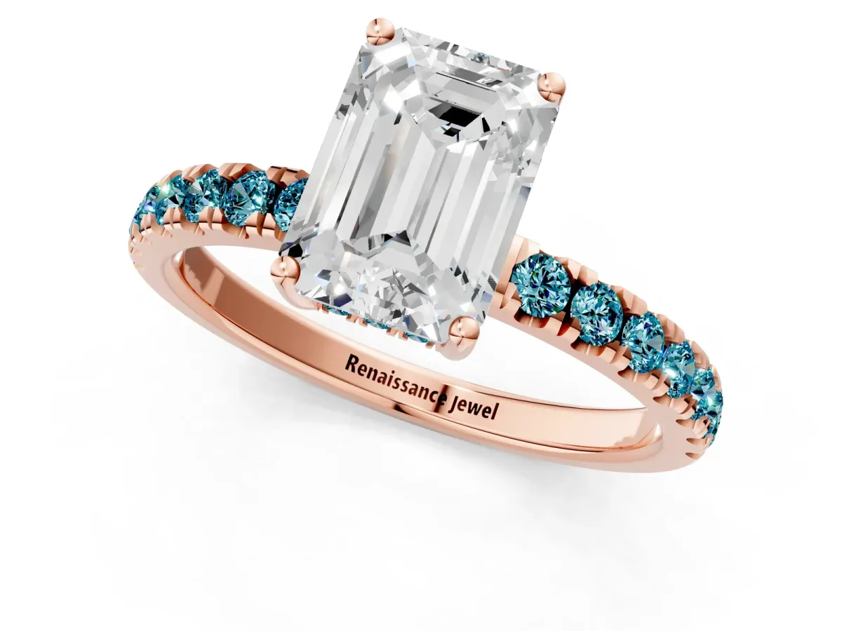 Emerald Cut Diamond Pave Band Solitaire Ring with Round Blue Topaz and Prong Setting Rose gold