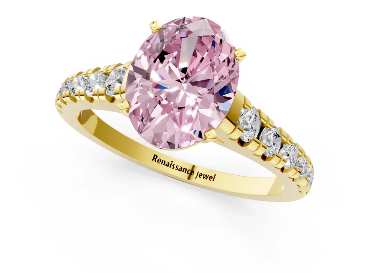 Fancy Pink Oval Cut Diamond Cathedral Solitaire Ring with Round Pavé Band Yellow gold