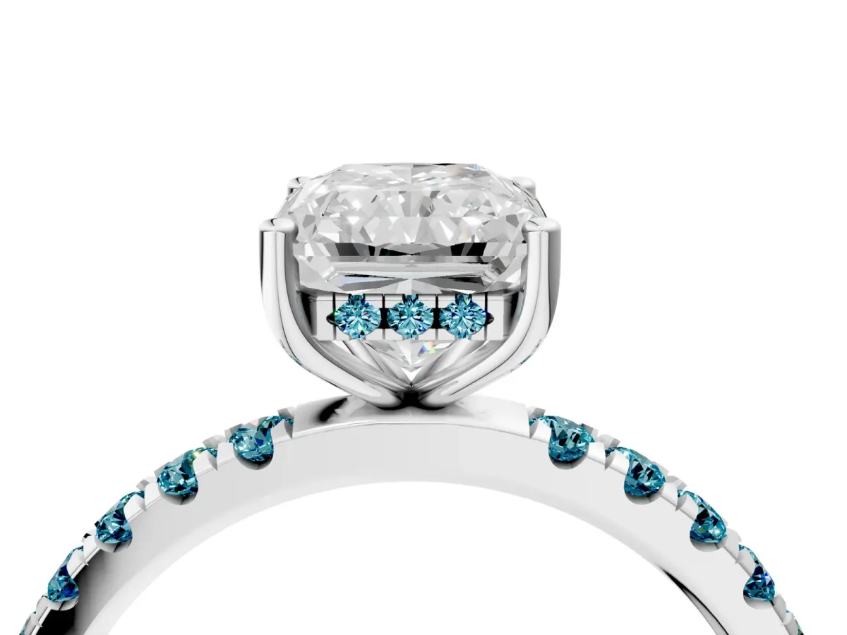Radiant Cut Diamond Pave Band Solitaire Ring with Round Blue Topaz and Prong Setting Platinum