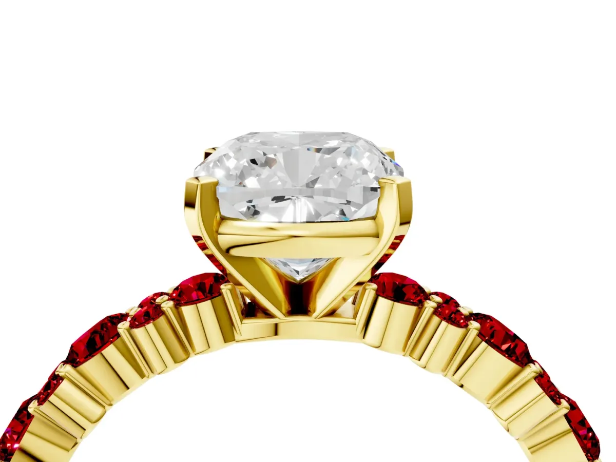 Cushion Cut Diamond Side Stone Solitaire Ring with Round Ruby and Four-Prong Setting Yellow gold
