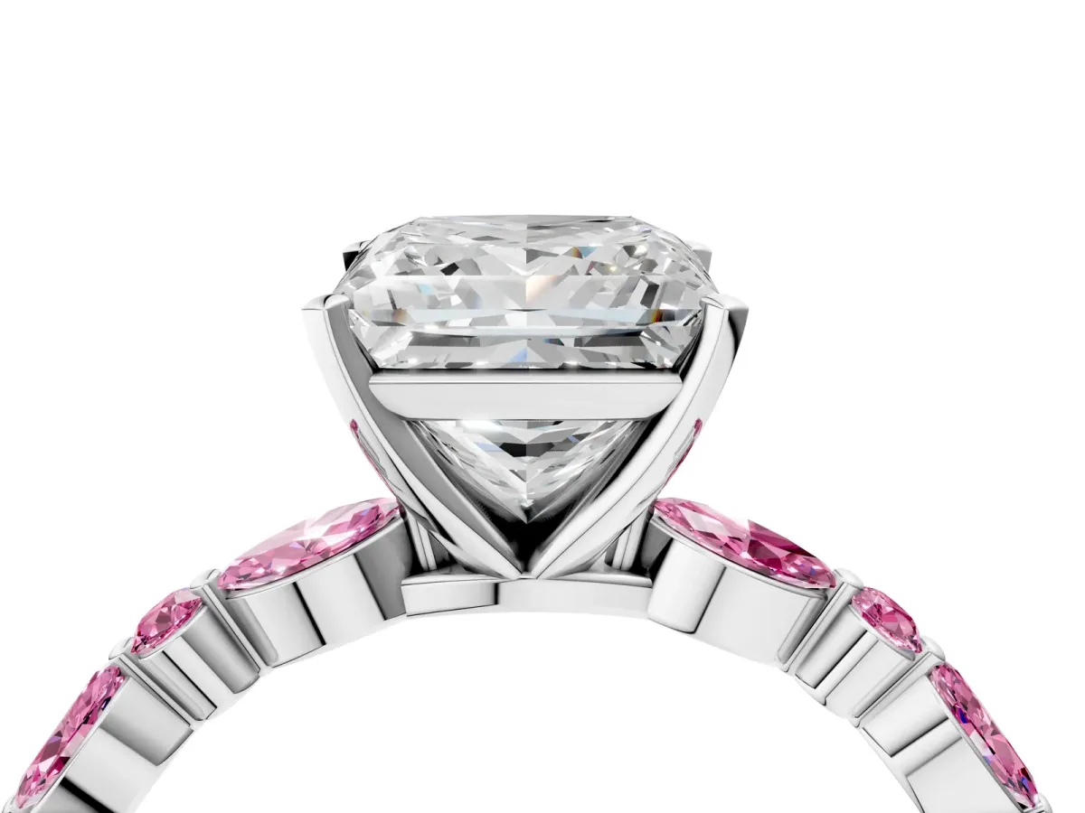 Princess Cut Diamond Ring with Marquise and Round Pink Sapphire Side Stones and Four-Prong Setting Silver