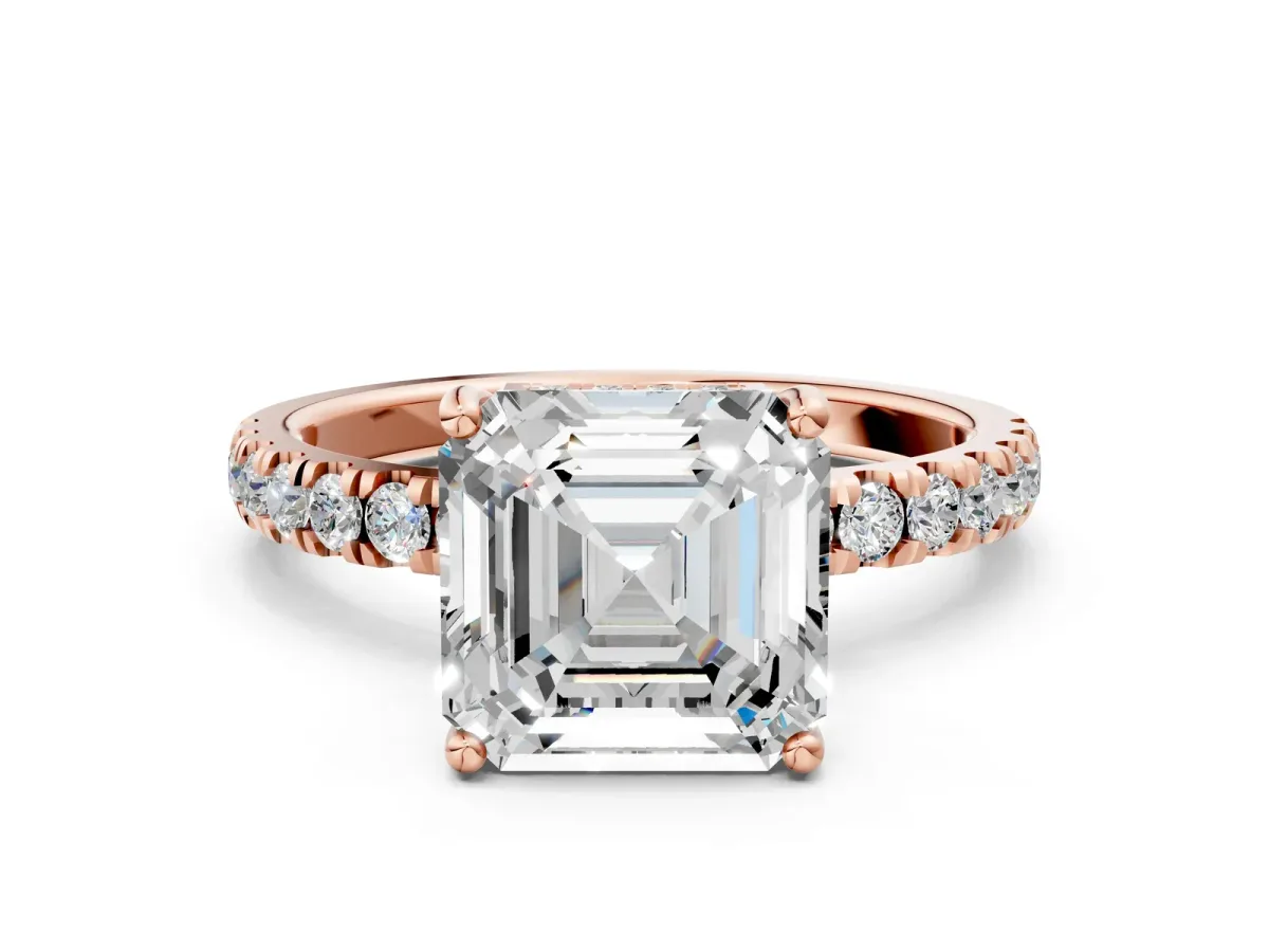 Asscher Cut Diamond Pave Band Solitaire Ring with Round and Prong Setting Rose gold