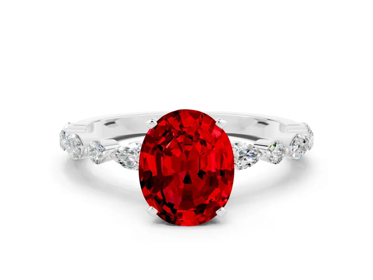 Oval Cut Ruby Ring with Marquise and Round Side Stones and Four-Prong Setting Silver