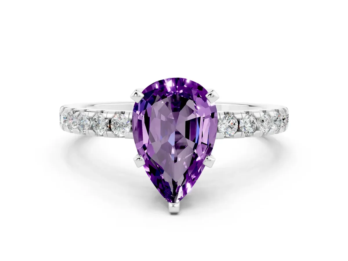 Pear Cut Amethyst Solitaire Ring with Round Pavé Band and Four-Prong Setting Platinum