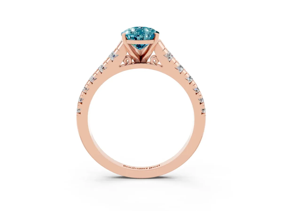 Pear Cut Blue Topaz Cathedral Solitaire Ring with Round Pavé Band Rose gold