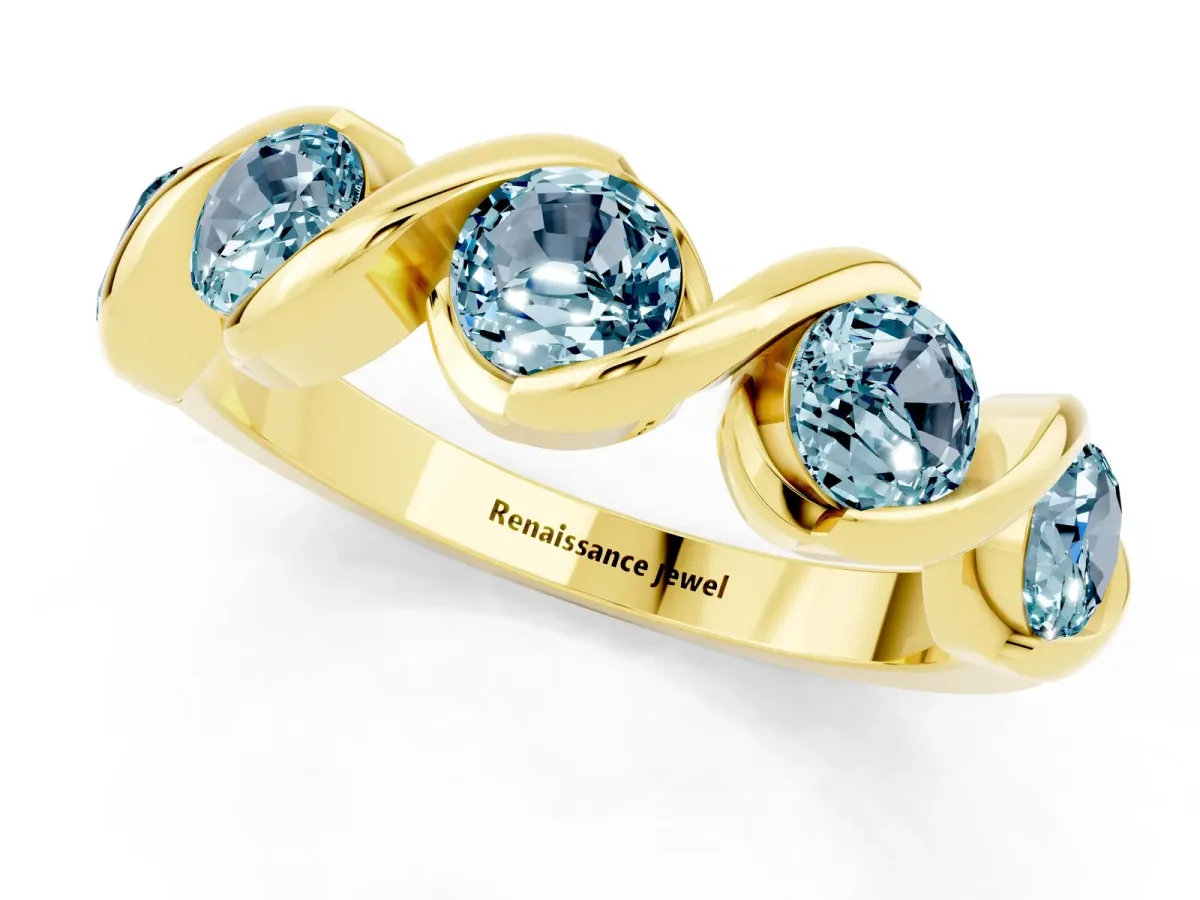 Round Aquamarine Wave Band with Channel Setting and Shared Prongs Yellow gold