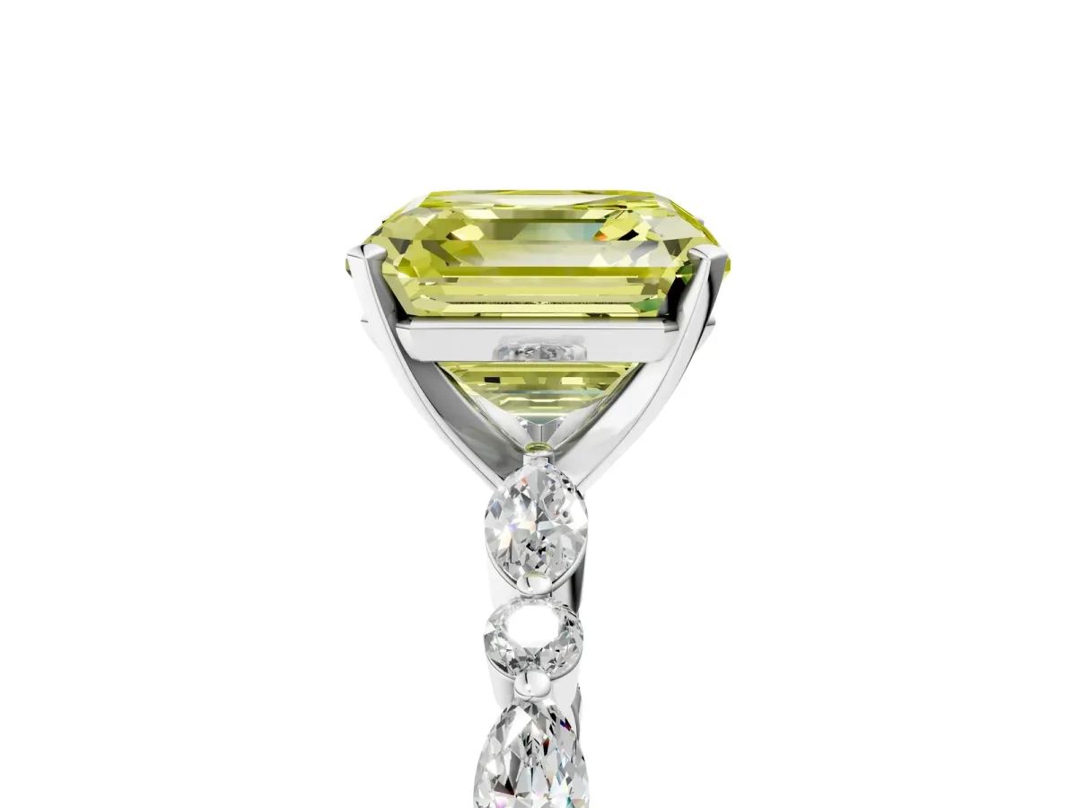 Fancy Yellow Asscher Cut Diamond Ring with Marquise and Round Side Stones and Four-Prong Setting Platinum