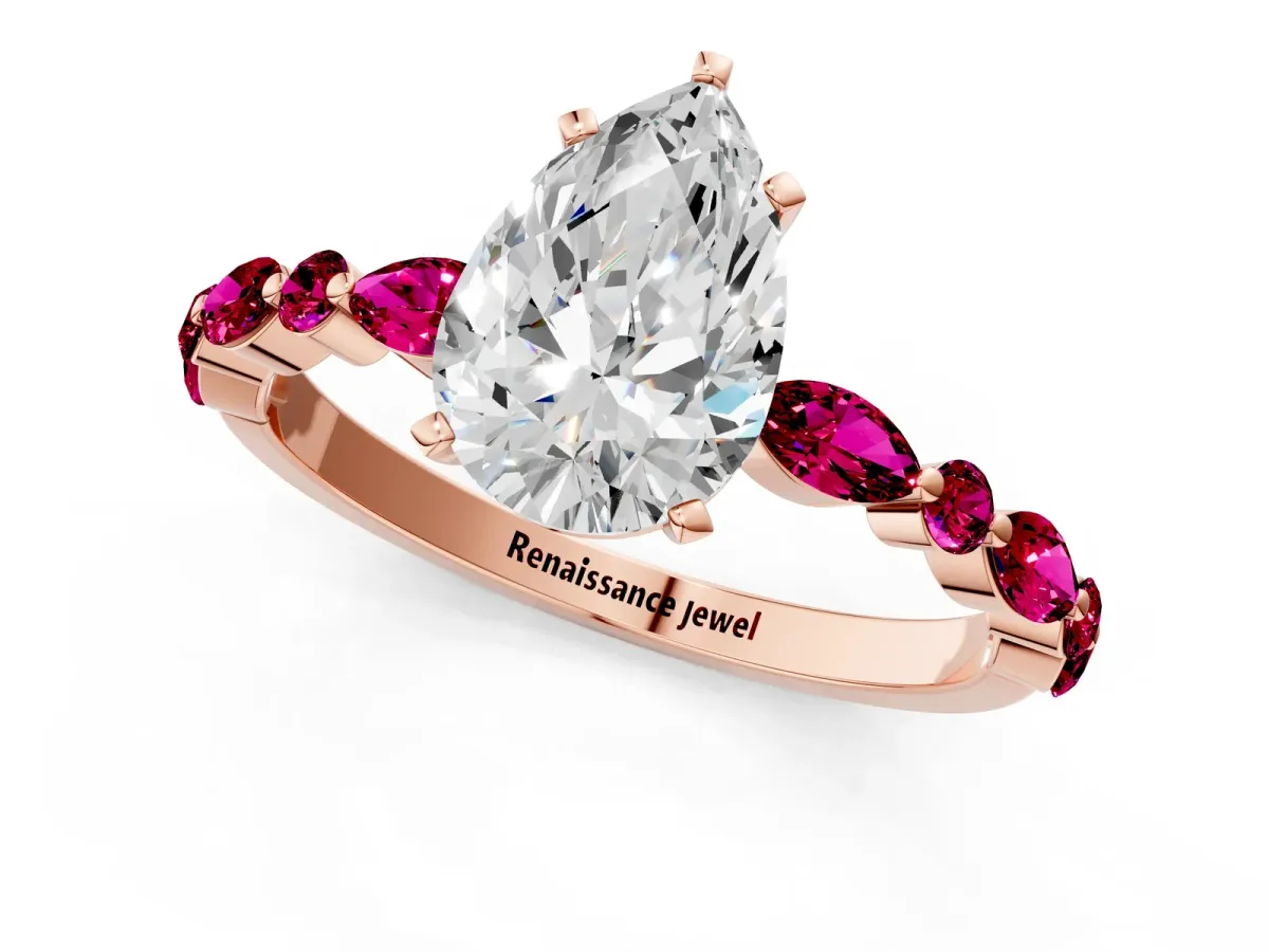 Pear Cut Diamond Ring with Marquise and Round Garnet Side Stones and Four-Prong Setting Rose gold
