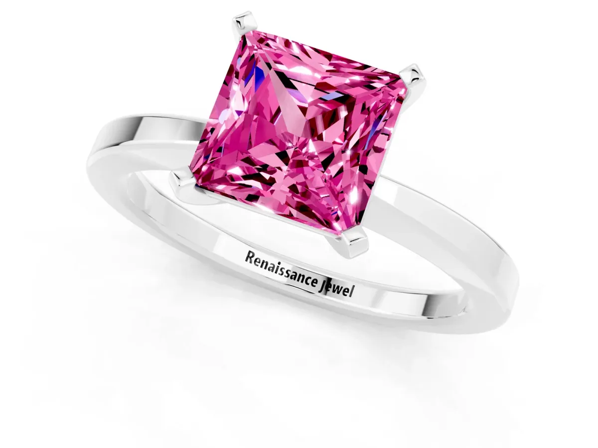 Princess Cut Pink Sapphire Solitaire Engagement Ring with Classic Band and Four-Prong Setting Silver