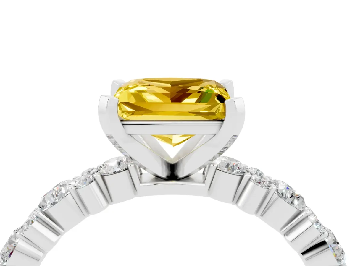 Princess Cut Yellow Sapphire Side Stone Solitaire Ring with Round and Four-Prong Setting Silver