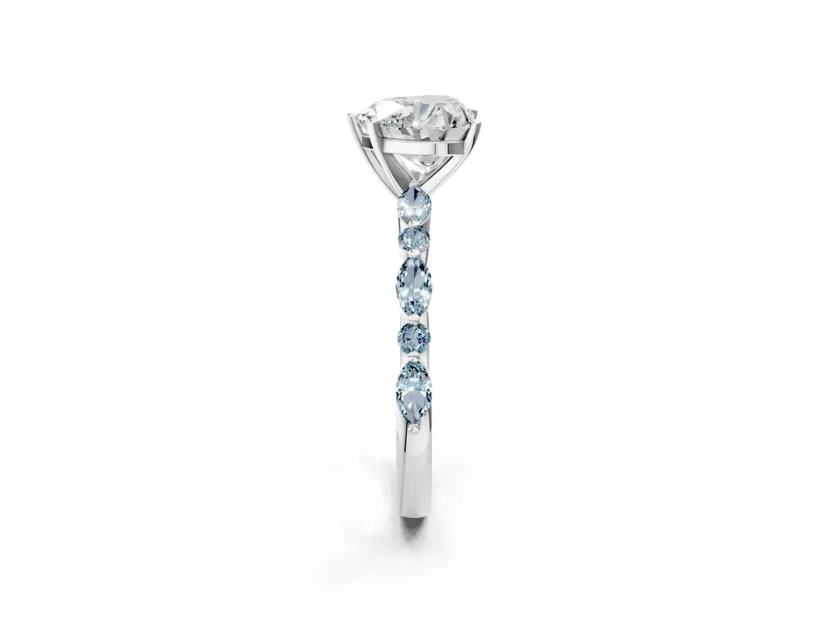 Heart Cut Diamond Ring with Marquise and Round Aquamarine Side Stones and Four-Prong Setting Silver