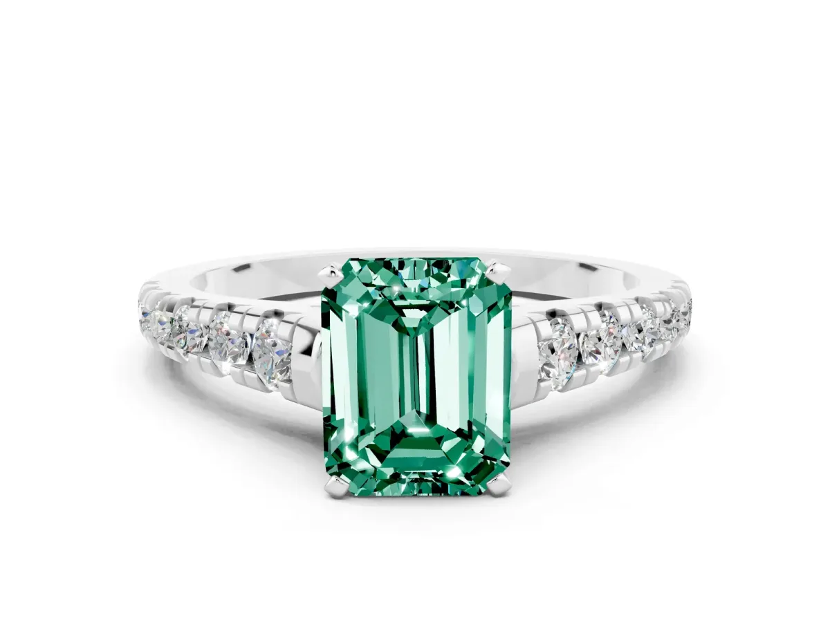 Emerald Cut Green Sapphire Cathedral Solitaire Ring with Round Pavé Band Silver