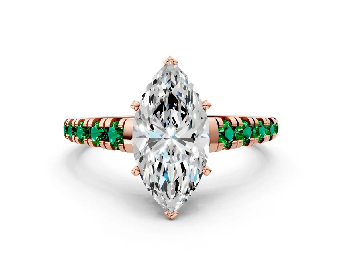 Marquise Cut Diamond Cathedral Solitaire Ring with Round Emerald Pavé Band Rose gold